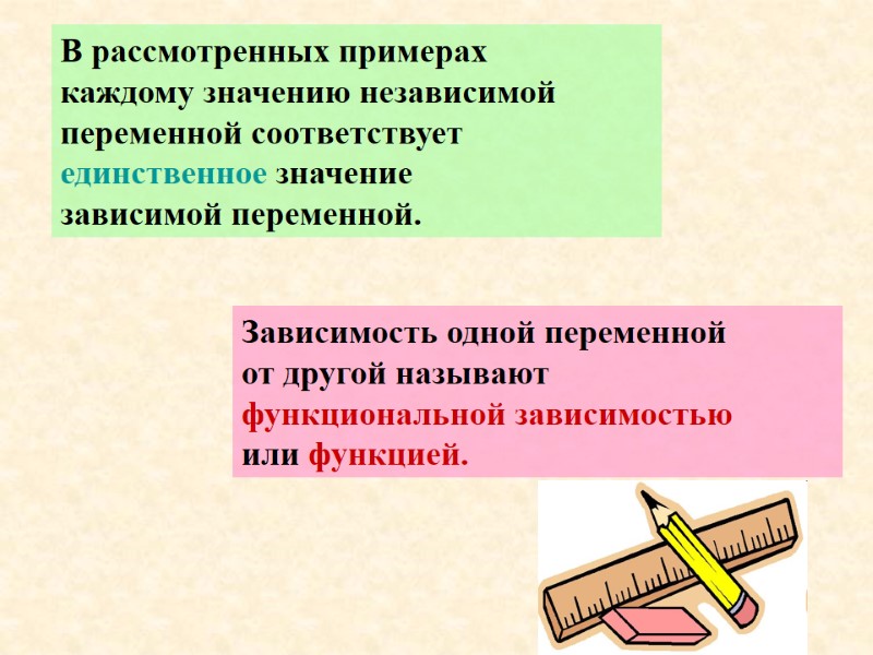 В рассмотренных примерах каждому значению независимой переменной соответствует единственное значение зависимой переменной. Зависимость одной